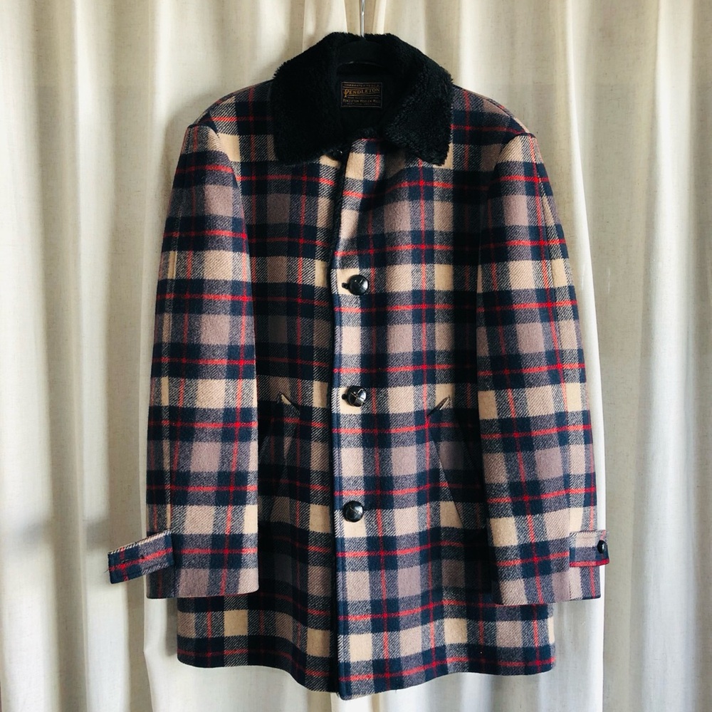 Pendleton Beige Navy Red Plaid Wool Pea Coat with Black Sherpa/Faux Fur Collar